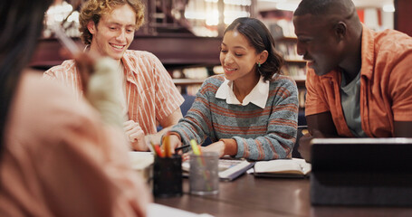 Tutor, college and friends or students in library for assignment, reading and study group. University, learning and teamwork with people helping on campus for knowledge, future and research project © peopleimages.com