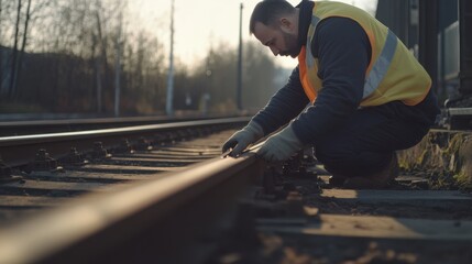 Railway technician adjusting track alignment. Featuring technical precision and transportation safety