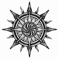 Vintage Sun Compass  Illustration with Intricate Tribal Design