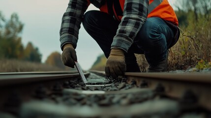 Railway technician adjusting track alignment. Featuring technical precision and transportation safety