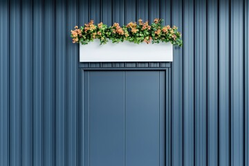 Fototapeta premium Modern building wall with vertical blue panels and flower box featuring vibrant orange and green floral arrangement