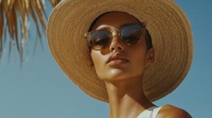 editorial fashion photo, model posing in summer outfit, dramatic shadows, high contrast, magazine cover style