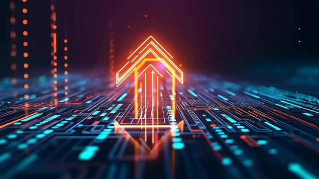 Futuristic digital arrow symbolizing growth, set against a vibrant tech-inspired background
