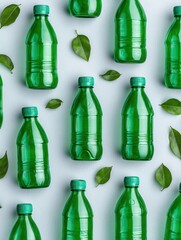 Green Plastic Bottles Arranged on Surface Surrounded by Leaves in Modern Aesthetic Design