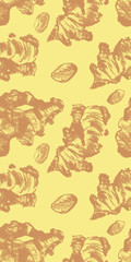 Premium seamless ginger patterns with vintage engraving style for textile design, eco-packaging, wellness branding, restaurant interiors, kitchen decor and natural product lines.