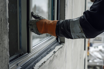 Construction worker sealing windows on a building site. Featuring window installation and site safety