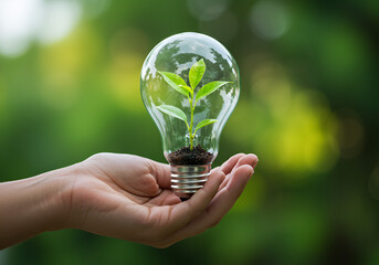 Hand holding light bulbs and growing plants Environment Sustainability Save the world clean Ecology concept. Earth Day banner,germ bud, development, friendly, growing, with copy space, ai generated