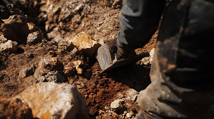 Mining laborer operating a backhoe to remove overburden and access lithium deposits. Featuring backhoe operation