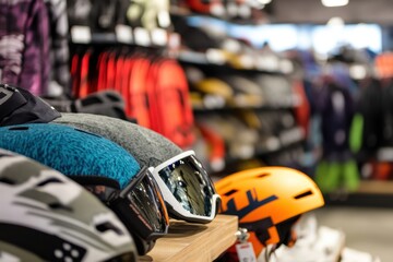 Ski and snowboard helmets displayed in a sports equipment store with various styles and colors