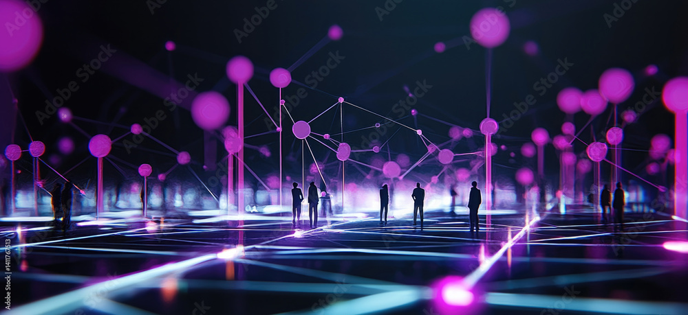 Poster futuristic digital network with silhouettes of people interacting in vibrant, neon lit environment. 