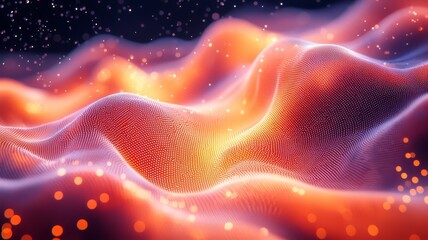 Abstract glowing waves in vibrant orange and purple hues, creating a dynamic and ethereal atmosphere, perfect for technology or creative themes.