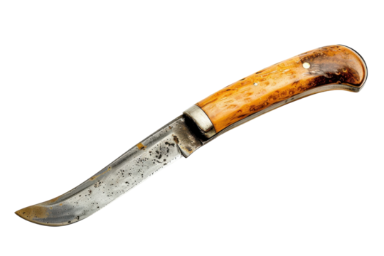 An elegantly crafted knife with a curved blade and wooden handle resting on a clean surface, showcasing its vintage charm and craftsmanship isolated on transparent background
