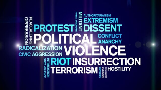 Political Violence animated word cloud;text design animation tag kinetic typography seamless loop.