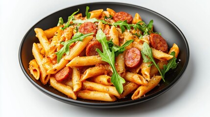 A vibrant plate of penne pasta mixed with slices of sausage and fresh arugula, garnished with herbs and spices.