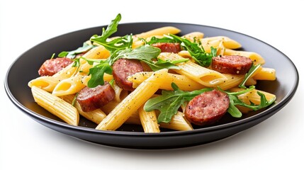 A vibrant plate of penne pasta mixed with slices of sausage and fresh arugula, garnished with herbs and spices.