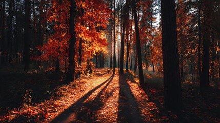 Obraz premium Autumn forest path bathed in sunlight