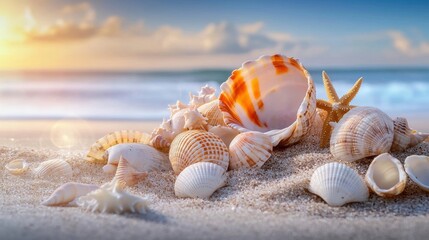 Seashell collection on sandy beach at sunset nature photography peaceful coastal environment close-up view