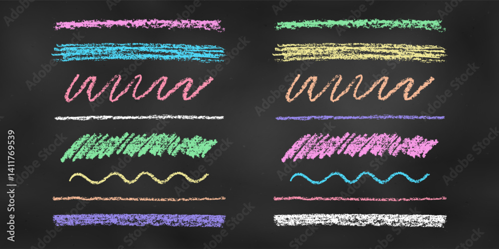 Wall mural realistic chalk drawn sketch. set of design elements linear scrawls isolated on chalkboard backdrop.