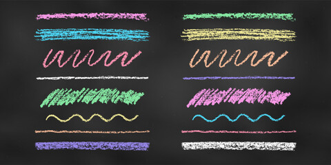 Realistic Chalk Drawn Sketch. Set of Design Elements Linear Scrawls Isolated on Chalkboard Backdrop.