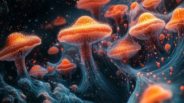 Vibrant underwater scene featuring glowing jellyfish, gracefully floating in a dark ocean, creating a mesmerizing and ethereal atmosphere for nature-themed projects.