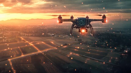 AI-powered drones fly over vast agricultural fields, lit with sensors and lights, capturing high-res images and real-time topographic maps. Digital painting.

