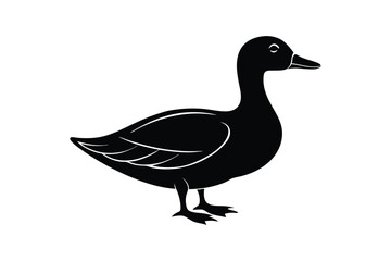 Silhouette art design of a duck standing on the ground with beak open slightly.eps