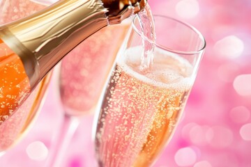 Close-up of pink champagne being poured into a flute glass with bubbles sparkling against a soft pink bokeh background. Perfect for holidays, romantic moments, weddings and special occasions. Banner