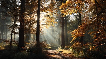Obraz premium Autumnal forest pathway, sunbeams