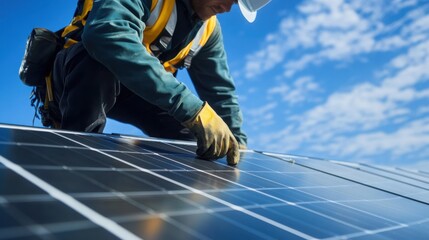 Solar panel technician securing photovoltaic modules. Featuring renewable energy and modern engineering