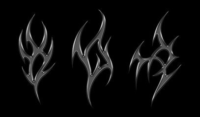 3d chrome metal of y2k tribal sigilism tatto. Flame shape in liquid mercury. 3d illustration of abstract neo tribal cyber sigil metallic melted modern burn form, design element. 3D Illustration