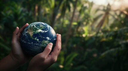 Hands holding Earth model in a lush jungle