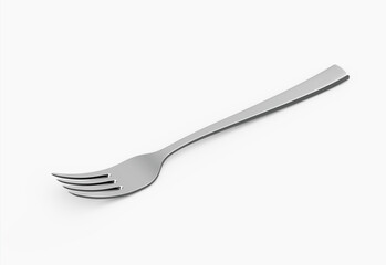A sleek stainless steel fork with a reflective finish and a slightly curved handle. 3D Illustration