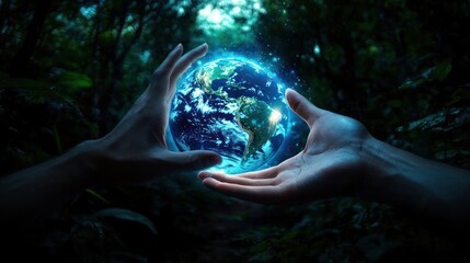 Earth held in hands, rainforest background, serene scene, environmental awareness