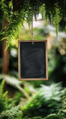 Price signs in the garden selling trees, soil, fertilizer, and gardening equipment. Blank Blackboard Hanging Among Lush Green Foliage