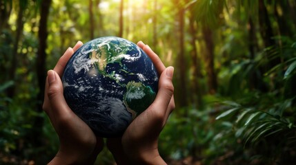Hands holding Earth globe in lush rainforest