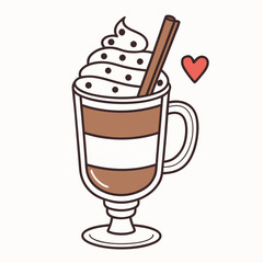 Cute Hot Cocoa with Whipped Cream, Cinnamon Stick, and Heart.