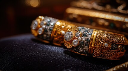 Ornate gold bangles, detailed close-up, velvet display, blurred background
