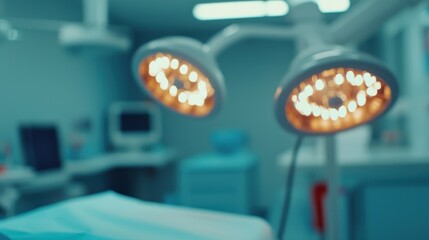 Blurred operating room lights over patient bed