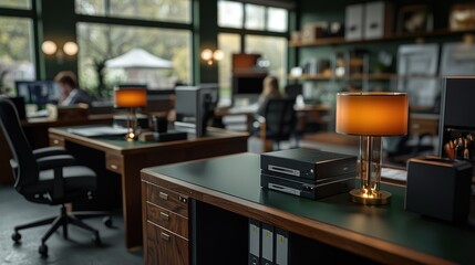Modern office interior, workers at desks, garden view,  contemporary workspace