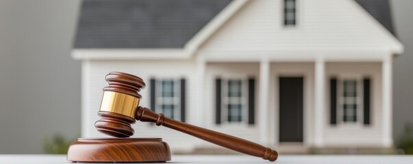 Gavel on Stand with House Background Symbolizing Justice in Real Estate Law and Property Ownership Issues