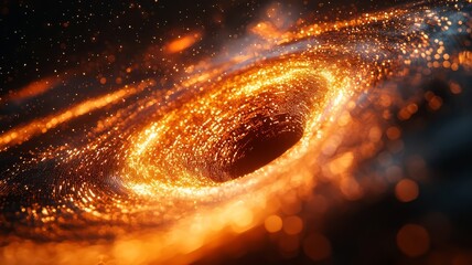Stunning cosmic black hole surrounded by swirling orange and gold particles, capturing the mystery and beauty of the universe in a mesmerizing visual display.
