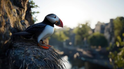 Puffin perched on cliff overlooking ancient ruins
