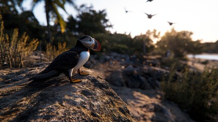 Puffin perched on coastal rock at sunset, birds in background