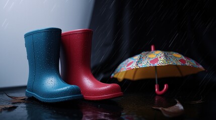 Rainy day child's boots and umbrella