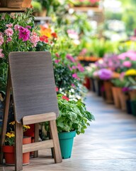 Price signs in the garden selling trees, soil, fertilizer, and gardening equipment. Blank Signboard in Vibrant Flower Shop