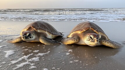 Two sea turtles on beach at sunrise, waves crashing in background.  Possible use conservation, education