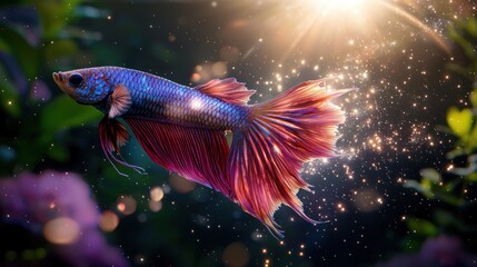Majestic Betta Fish in Lush Aquarium with Sparkling Background