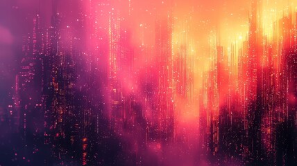 Obraz premium Vibrant abstract cityscape at sunset, showcasing glowing skyscrapers amidst a dreamy haze of pink and orange hues, perfect for tech and creative themes.