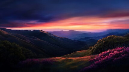 Obraz premium Majestic Sunset over Mountain Ranges with Vibrant Hues.