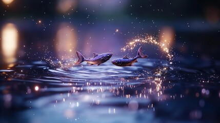 Two fish leap in mystical pond, sparkling light